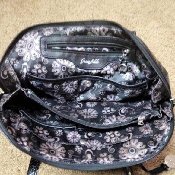 Grace Adele‎ Textured Handbag Purse red Black Faux Ostrich Lots of Pockets - Picture 8 of 12